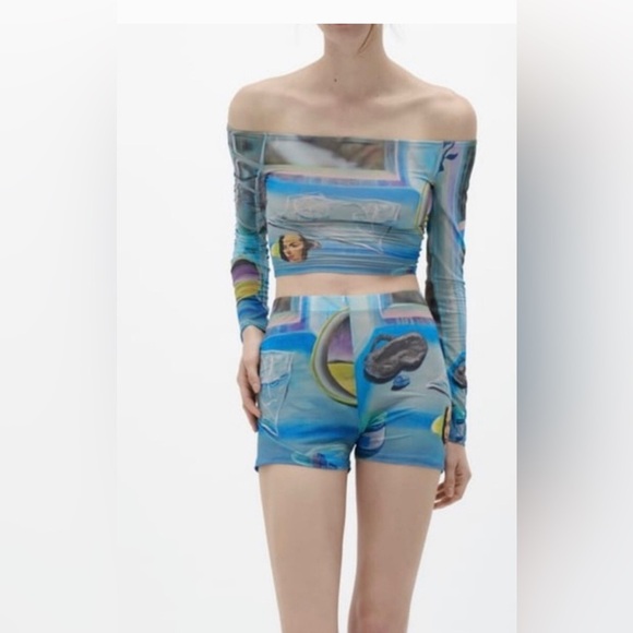 Zara limited edition larissa de Jesus negron print crop off shoulder mesh top‎ - Picture 3 of 14